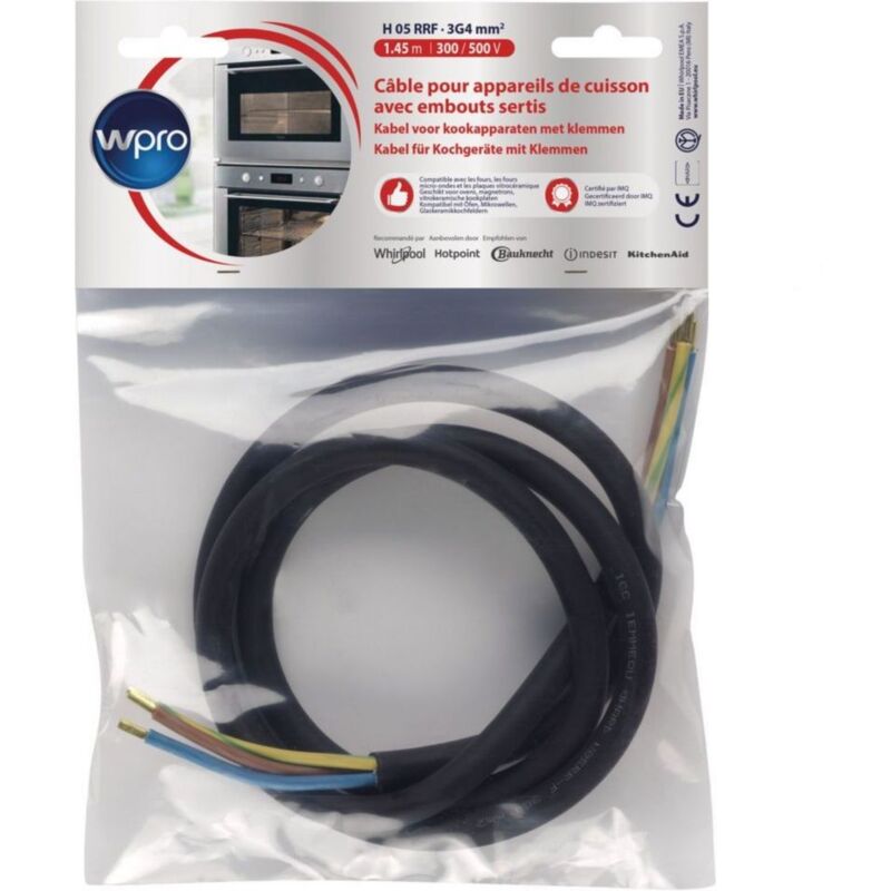 foto del prodotto cavo wpro h05 rrf 3g4 senza socket lunghezza totale 1,45 m per dispositivi di cottura inferiore 5750 watt.