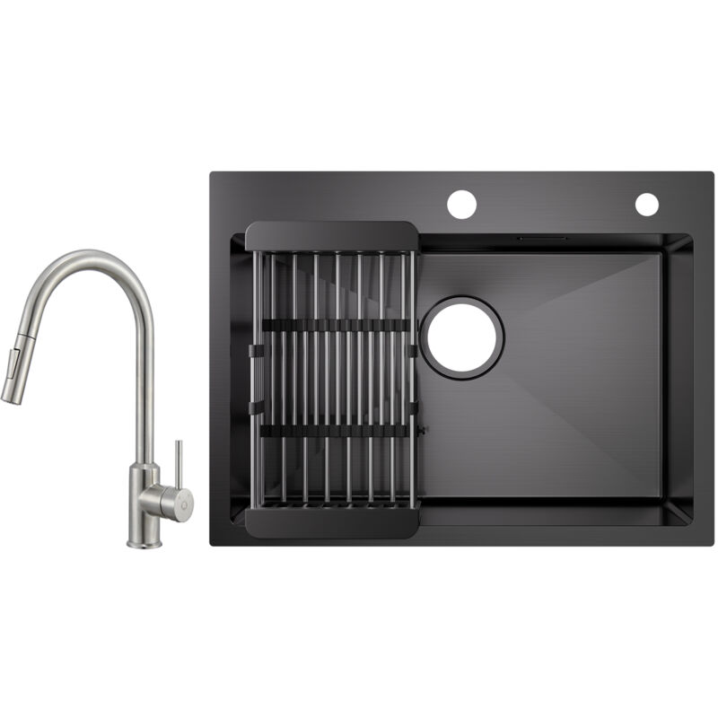foto del prodotto cecipa 60 45 18 cm lavello da cucina nero lavello a 1 vasca con cestello di scarico miscelatore da cucina con doccetta estraibile 2 modalit 