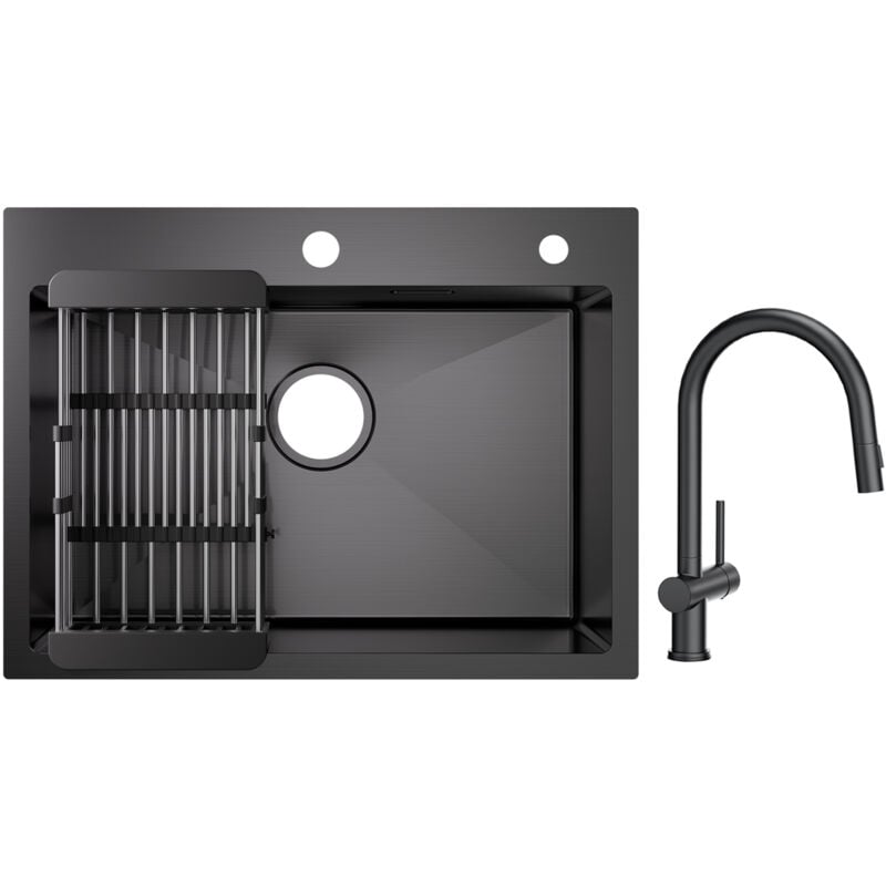 foto del prodotto cecipa 60 45 18 cm lavello da cucina nero lavello a 1 vasca con cestello di scarico miscelatore da cucina con doccetta estraibile con 2 tipi di