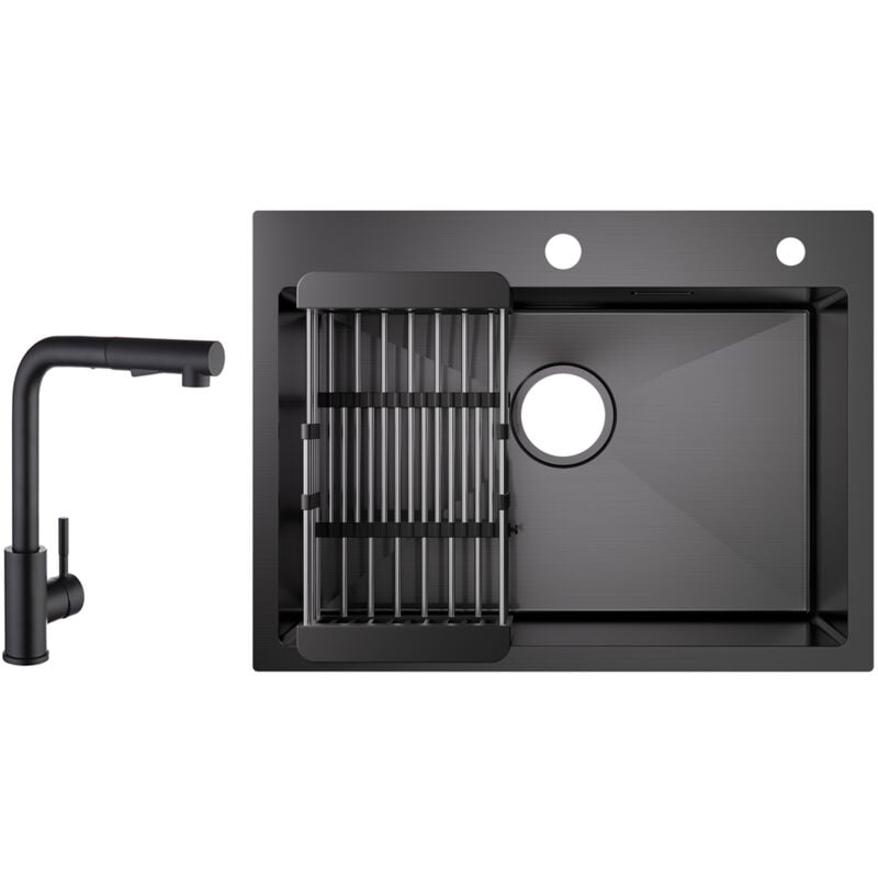 foto del prodotto cecipa 60 45 18 cm lavello da cucina nero lavello a 1 vasca con cestello di scarico miscelatore da cucina nero con doccetta estraibile 2