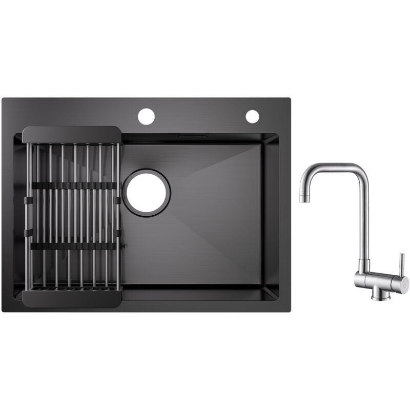 foto del prodotto cecipa 60 45 18 cm lavello da cucina nero lavello a 1 vasca con cestello di scarico rubinetto da cucina pieghevole miscelatore lavello