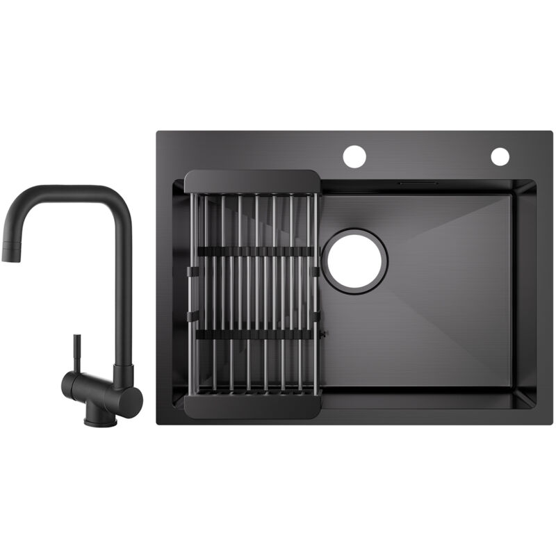 foto del prodotto cecipa 60 45 18 cm lavello da cucina nero lavello a 1 vasca con cestello di scarico rubinetto da cucina pieghevole miscelatore pieghevole sotto
