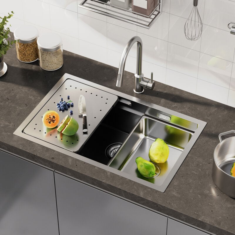 foto del prodotto cecipa lavelli 1 vasca lavello da cucina una vasca, 70x44x21 cm, lavello con gocciolatoio vasca, lavello sottotop da cucina in acciaio inox 304,