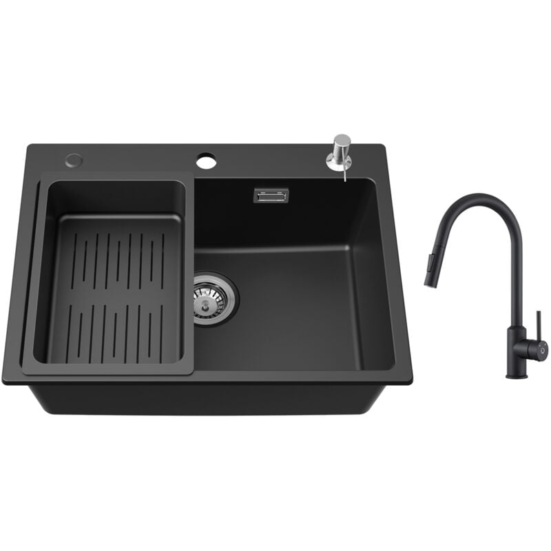 foto del prodotto cecipa lavello 1 vasca 60x45 cm con cestello di scarico e dispenser per sapone miscelatore da cucina con doccetta estraibile girevole a 360 nero