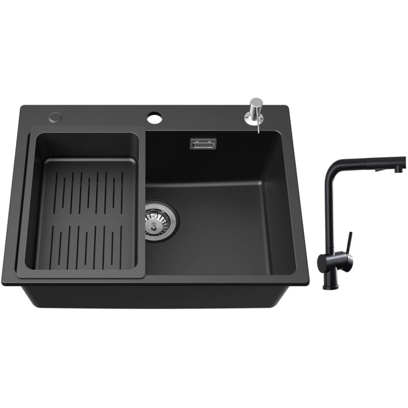 foto del prodotto cecipa lavello 1 vasca 60x45 cm con cestello di scarico e dispenser per sapone rubinetti da cucina con doccetta estraibile, miscelatore lavello