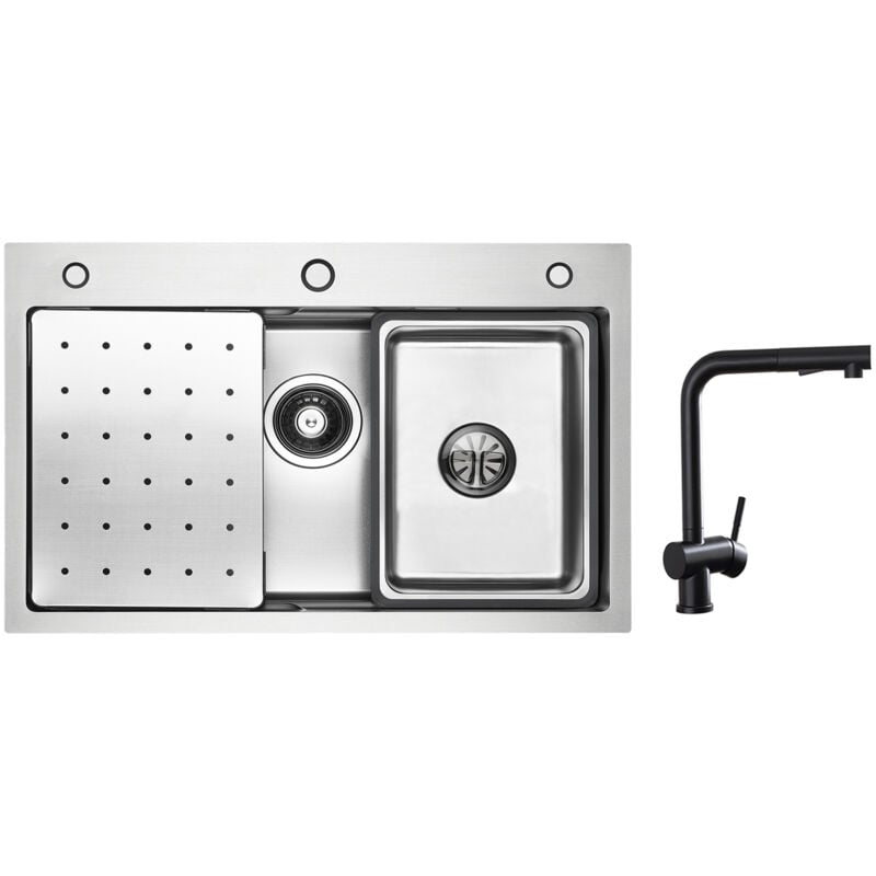 foto del prodotto cecipa lavello 1 vasca 70 45 cm con gocciolatoio, vaschetta e dosatore sapone rubinetto cucina con doccetta estraibile, miscelatore lavello nero