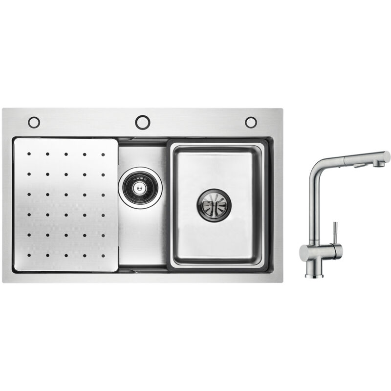 foto del prodotto cecipa lavello 1 vasca 70 45 cm con gocciolatoio, vaschetta e dosatore sapone rubinetto cucina con doccetta, miscelatore estraibile spazzolato
