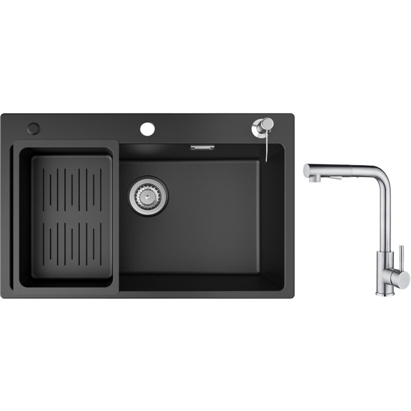 foto del prodotto cecipa lavello 1 vasca con cestello di scarico e dispenser sapone, lavello in quarzo e resina 70x45 cm miscelatore da cucina con doccetta