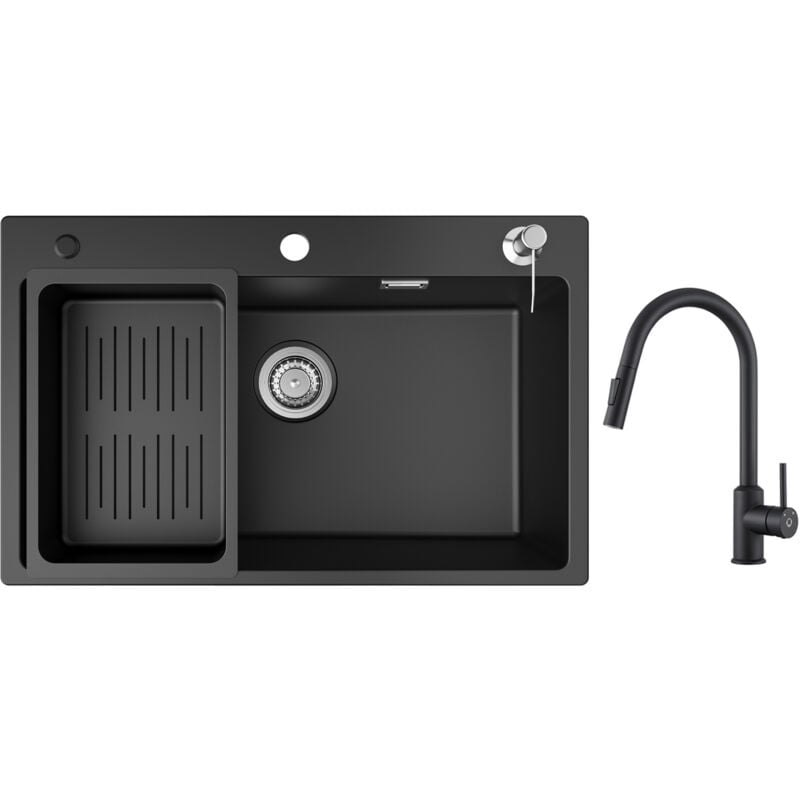 foto del prodotto cecipa lavello 1 vasca con cestello di scarico e dispenser sapone, lavello in quarzo e resina 70x45 cm miscelatore da cucina con doccetta