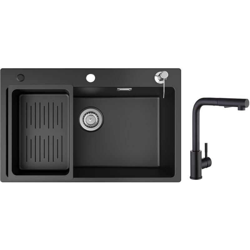 foto del prodotto cecipa lavello 1 vasca con cestello di scarico e dispenser sapone, lavello in quarzo e resina 70x45 cm miscelatore da cucina con doccia