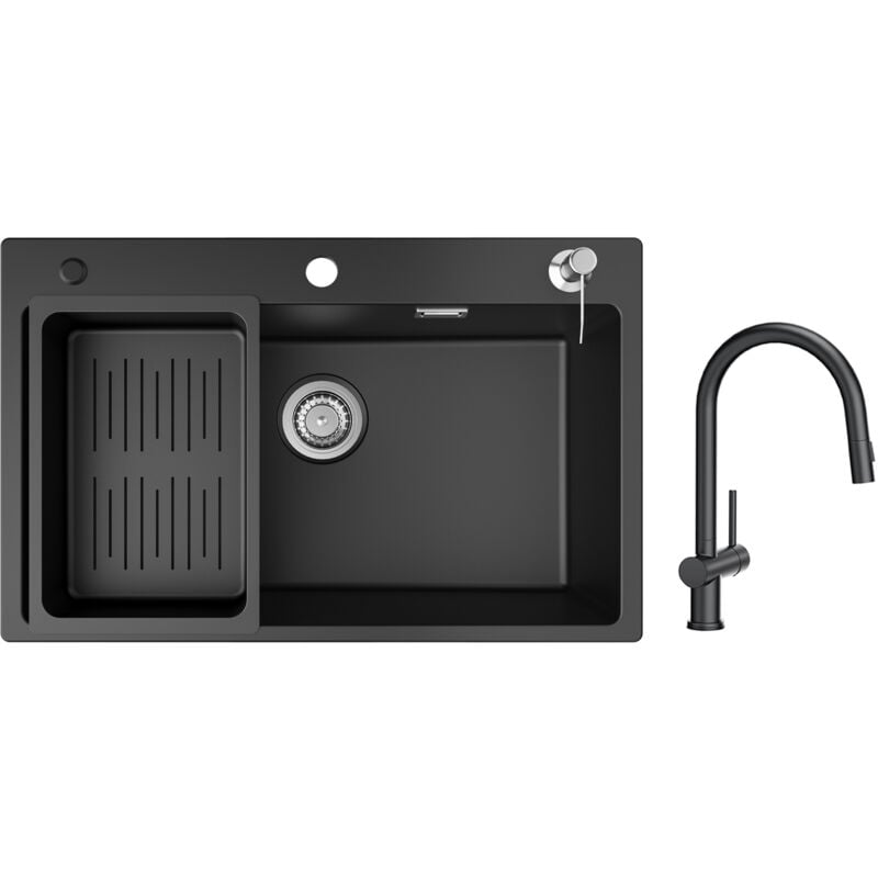 foto del prodotto cecipa lavello 1 vasca con cestello di scarico e dispenser sapone, lavello in quarzo e resina 70x45 cm miscelatore da cucina con doccia