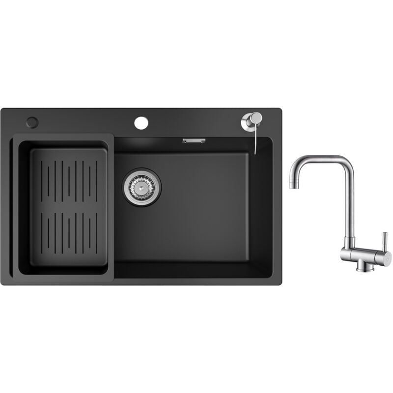 foto del prodotto cecipa lavello 1 vasca con cestello di scarico e dispenser sapone, lavello in quarzo e resina 70x45 cm rubinetto da cucina pieghevole miscelatore