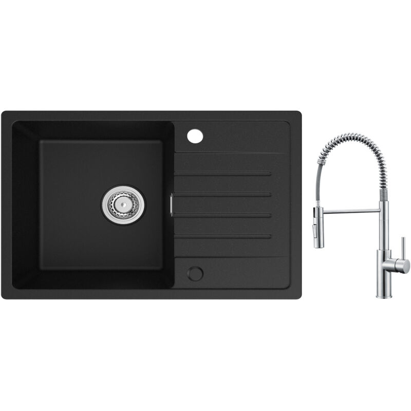 foto del prodotto cecipa lavello 1 vasca con gocciolatoio, lavello cucina in quarzo e resina 78x45 cm lavello nero miscelatore cucina a molla con doccetta