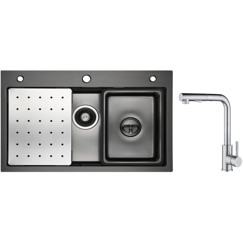 foto del prodotto cecipa lavello 1 vasca nero 70 45 cm con gocciolatoio, vaschetta e dosatore sapone miscelatore cucina spazzolato con doccia estraibile 2 getti