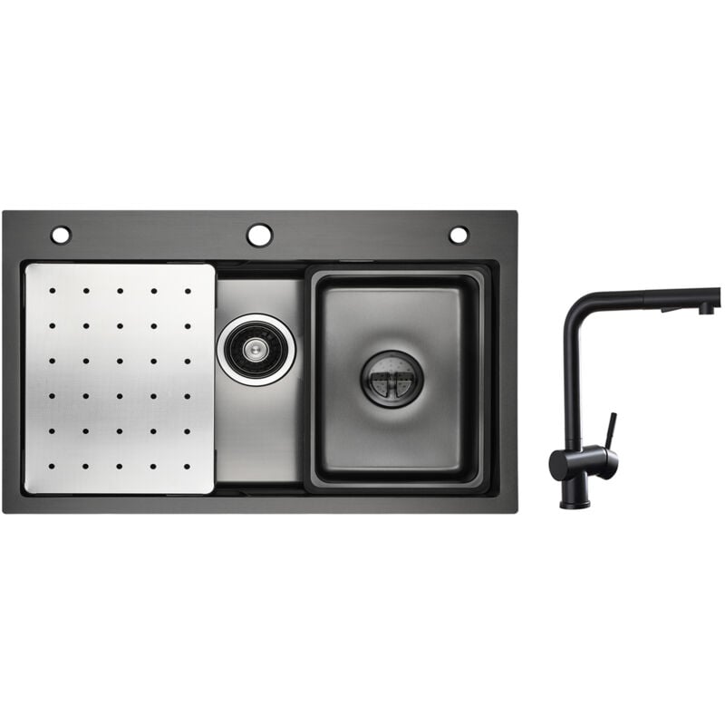 foto del prodotto cecipa lavello 1 vasca nero 70 45 cm con gocciolatoio, vaschetta e dosatore sapone rubinetto cucina con doccetta estraibile, miscelatore lavello