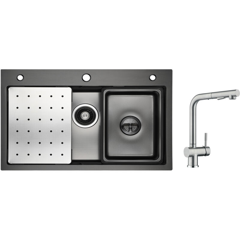 foto del prodotto cecipa lavello 1 vasca nero 70 45 cm con gocciolatoio, vaschetta e dosatore sapone rubinetto cucina con doccetta, miscelatore estraibile