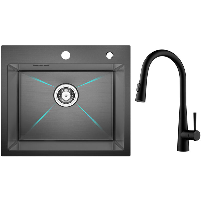 foto del prodotto cecipa lavello acciaio inox nero lavello 1 vasca 50 45 cm lavello cucina miscelatore cucina con doccetta estraibile, 3 modalit uscita acqua, nero