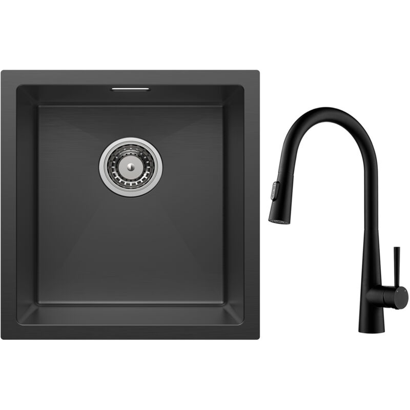 foto del prodotto cecipa lavello cucina 1 vasca 40x44cm nero lavello acciaio inox miscelatore cucina con doccetta estraibile, 3 modalit uscita acqua, nero