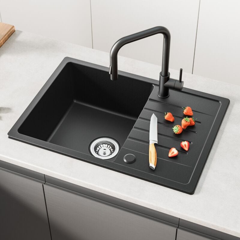foto del prodotto cecipa lavello cucina 1 vasca con gocciolatoio 65 x 45 cm lavello cucina incasso in quarzo e resina 1 vasca nero due direzioni di installazione