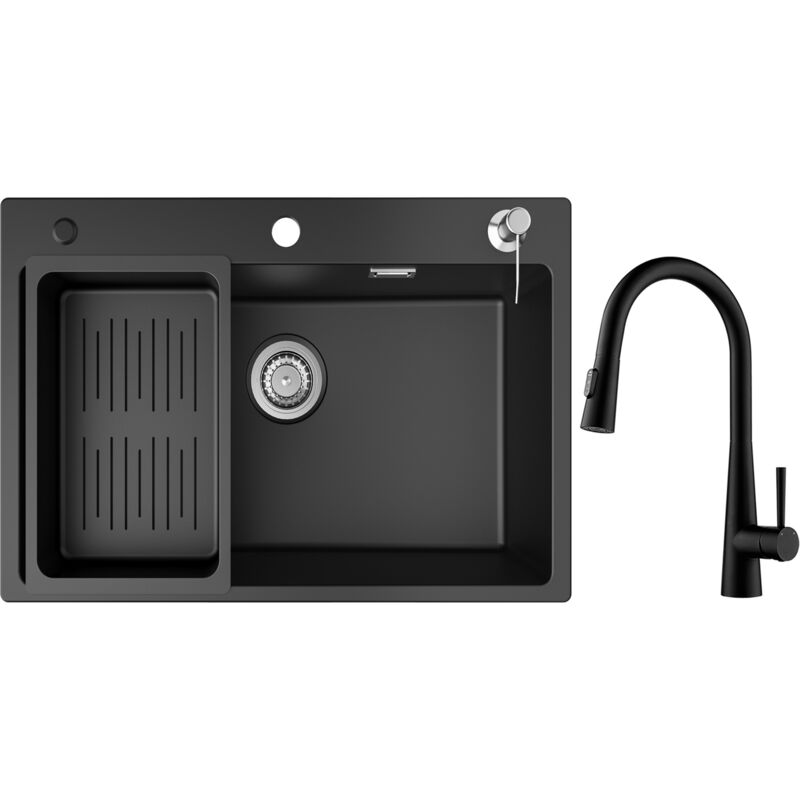foto del prodotto cecipa lavello cucina 1 vasca in quarzo e resina 70x45cm con piletta e dosatore sapone miscelatore cucina con doccia estraibile, 3 modalit di