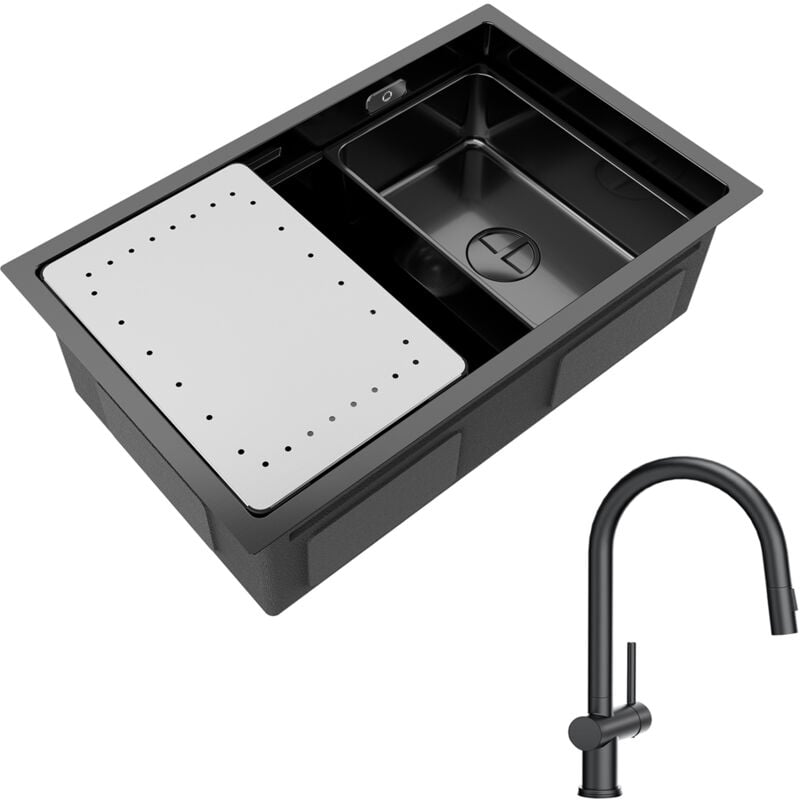 foto del prodotto cecipa lavello cucina 1 vasca nera con gocciolatoio e vasca lavello incasso 70 44 21cm miscelatore cucina nero con doccetta estraibile