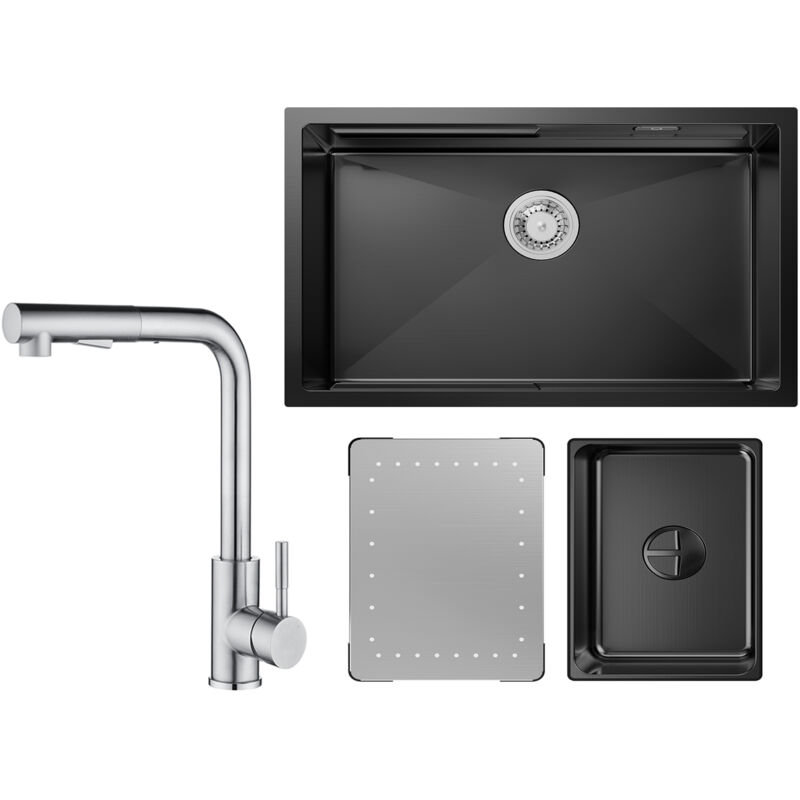 foto del prodotto cecipa lavello cucina 1 vasca nera con gocciolatoio e vasca lavello incasso 70 44 21cm miscelatore cucina spazzolato con doccetta estraibile