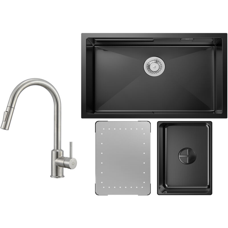 foto del prodotto cecipa lavello cucina 1 vasca nera con gocciolatoio e vasca lavello incasso 70 44 21cm miscelatore cucina spazzolato con doccetta estraibile