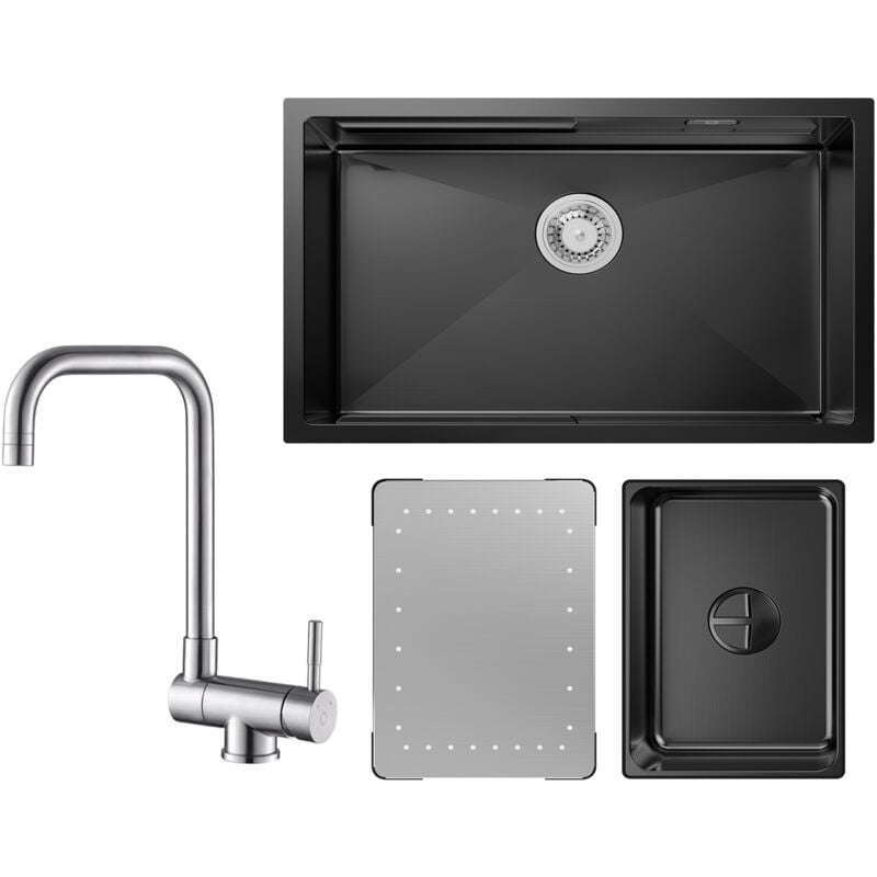 foto del prodotto cecipa lavello cucina 1 vasca nera con gocciolatoio e vaschetta lavello incasso 70 44 21cm rubinetto cucina ribaltabile miscelatore abbattibile