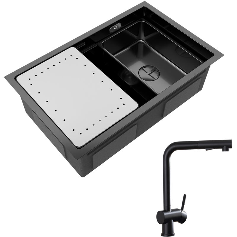 foto del prodotto cecipa lavello cucina 1 vasca nero con gocciolatoio e vasca lavello incasso 70 44 21cm miscelatore con doccetta estraibile