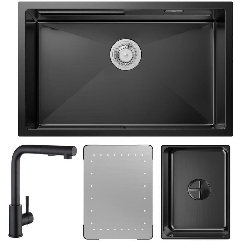 foto del prodotto cecipa lavello cucina 1 vasca nero con gocciolatoio e vasca lavello incasso 70 44 21cm miscelatore cucina con doccetta estraibile nero