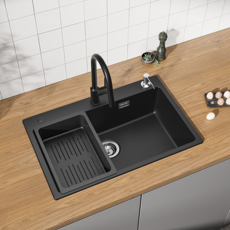 foto del prodotto cecipa lavello cucina 70x45 cm nero con piletta e dispenser sapone, lavello 1 vasca in quarzo e resina grande capacit 