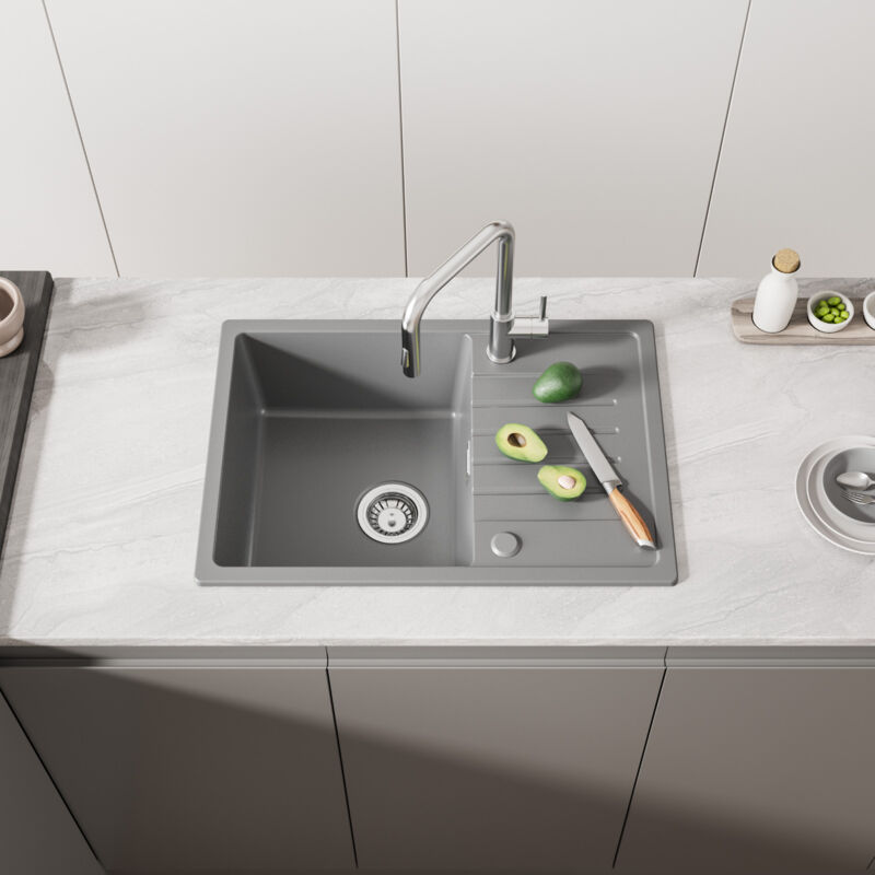 foto del prodotto cecipa lavello cucina con gocciolatoio grigio 65 x 45 cm lavello da incasso in quarzo e resina lavello 1 vasca con ripiano