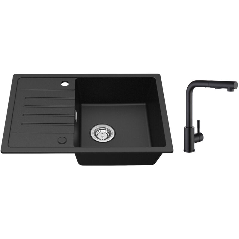 foto del prodotto cecipa lavello cucina con gocciolatoio nero 65 x 45 cm lavello da incasso due sensi di installazione miscelatore cucina nero con doccetta