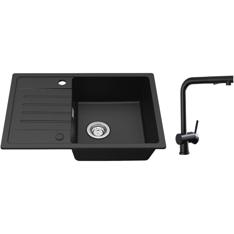 foto del prodotto cecipa lavello cucina con gocciolatoio nero 65 x 45 cm lavello da incasso due sensi di installazione rubinetti cucina con doccetta estraibile,
