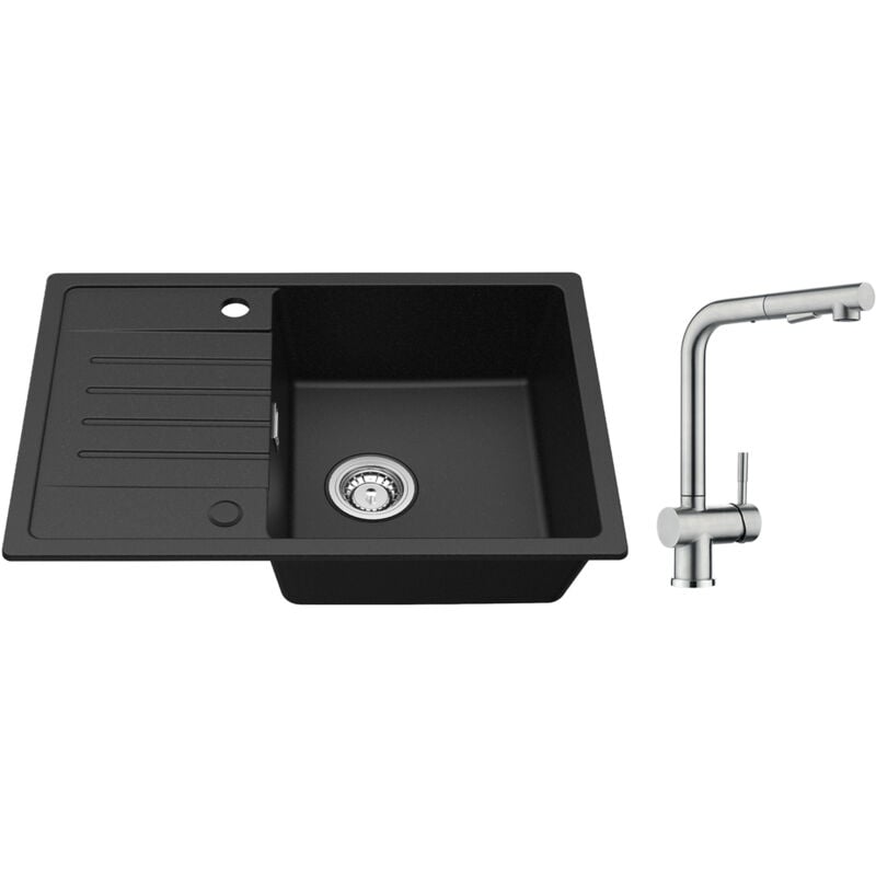 foto del prodotto cecipa lavello cucina con gocciolatoio nero 65 x 45 cm lavello da incasso due sensi di installazione rubinetto cucina con doccetta miscelatore