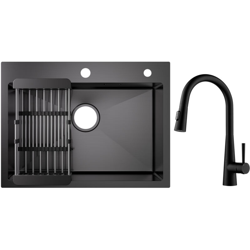 foto del prodotto cecipa lavello cucina nero 1 vasca 60 45 cm con cestello di scarico miscelatore cucina con doccetta estraibile, 3 modalit di uscita acqua, nero