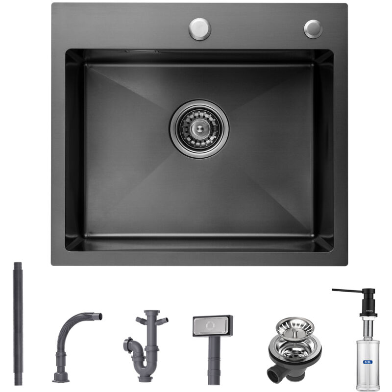 foto del prodotto cecipa lavello cucina1 vasca lavello in acciaio inox 1 vasca con sifone e troppopieno lavello cucina 50 45 18.5cm dispenser sapone nero