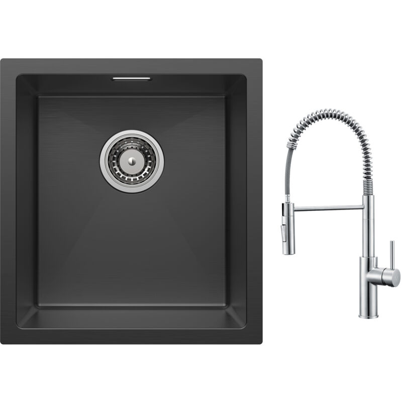 foto del prodotto cecipa lavello da cucina 1 vasca 40x44 cm nero lavello da cucina in acciaio inox miscelatore da cucina a molla con doccetta estraibile, rubinetto