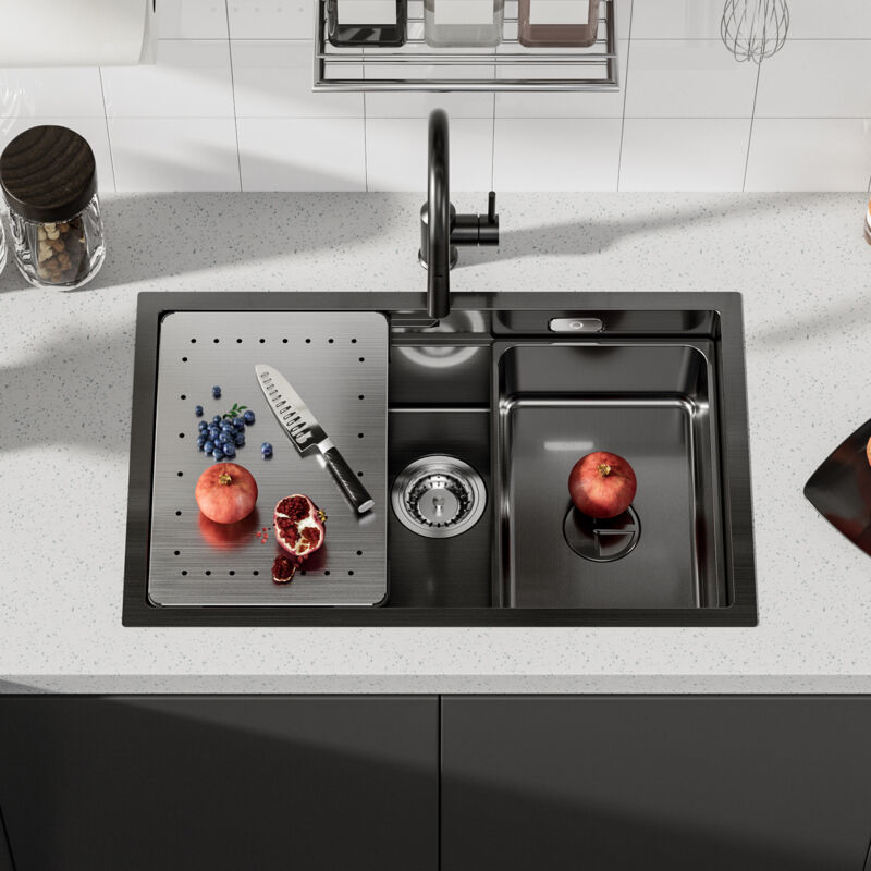 foto del prodotto cecipa lavello da cucina 1 vasca, 70x44x21 cm, lavello con gocciolatoio e vasca, lavello sottotop da cucina in acciaio inox 201, nero
