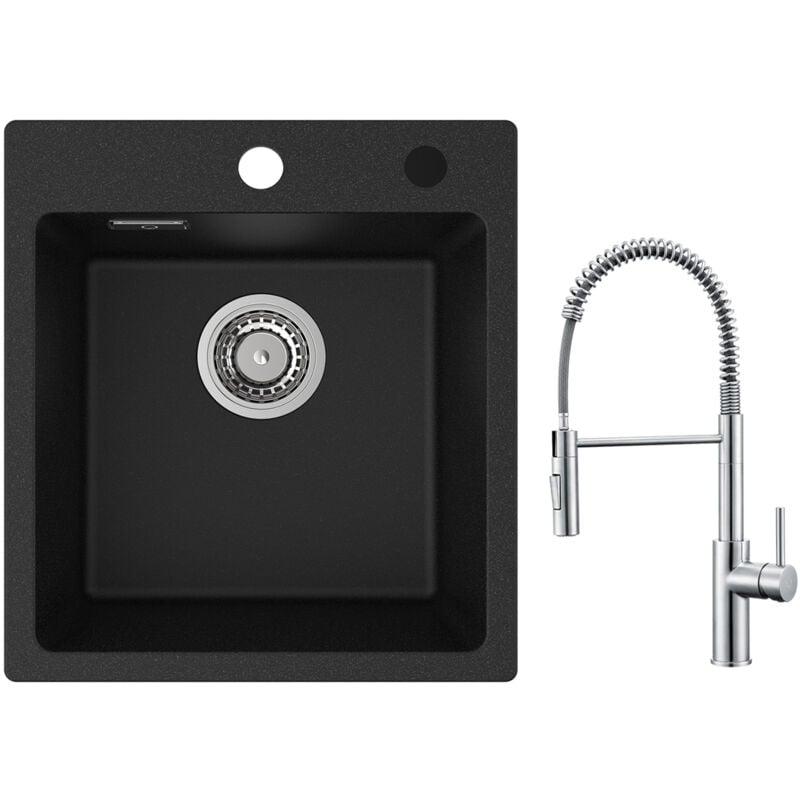 foto del prodotto cecipa lavello da cucina in granito nero 40x45 cm lavello da incasso 1 vasca miscelatore cucina a molla con doccetta estraibile, rubinetto