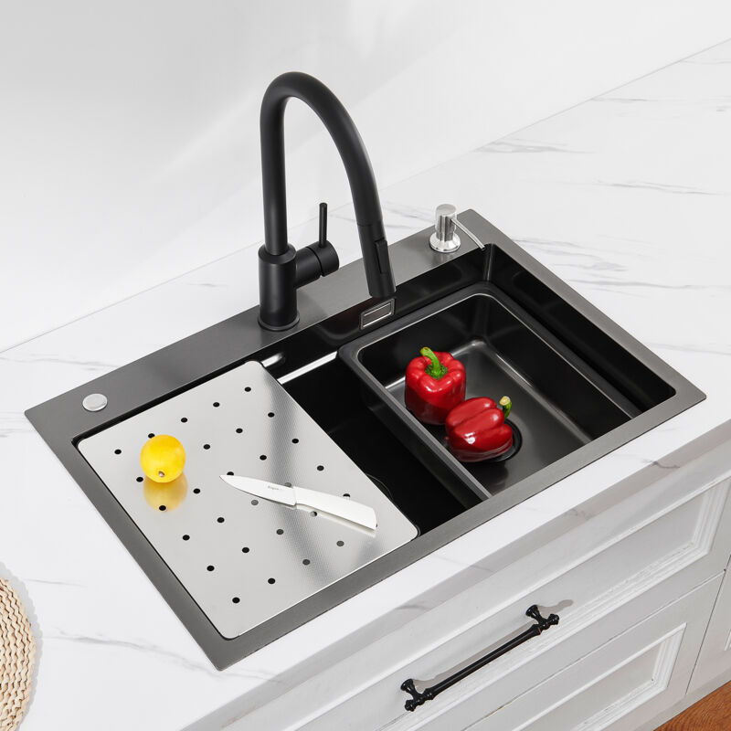 foto del prodotto cecipa lavello da cucina nero 1 vasca 70 45 21,5 cm gocciolatoio vaschetta dispenser sapone, lavello da cucina nero lavello da cucina 1 vasca