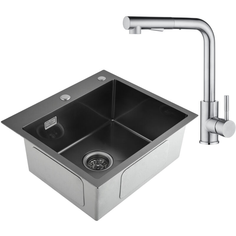 foto del prodotto cecipa lavello da cucina nero 50 x 45 x 18,5 cm rubinetto da cucina estraibile in acciaio inox