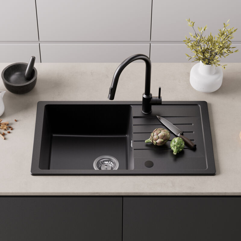 foto del prodotto cecipa lavello da incasso con gocciolatoio lavello a una vasca in quarzo e resina lavello a una vasca 78x45 cm lavello da cucina nero di grande