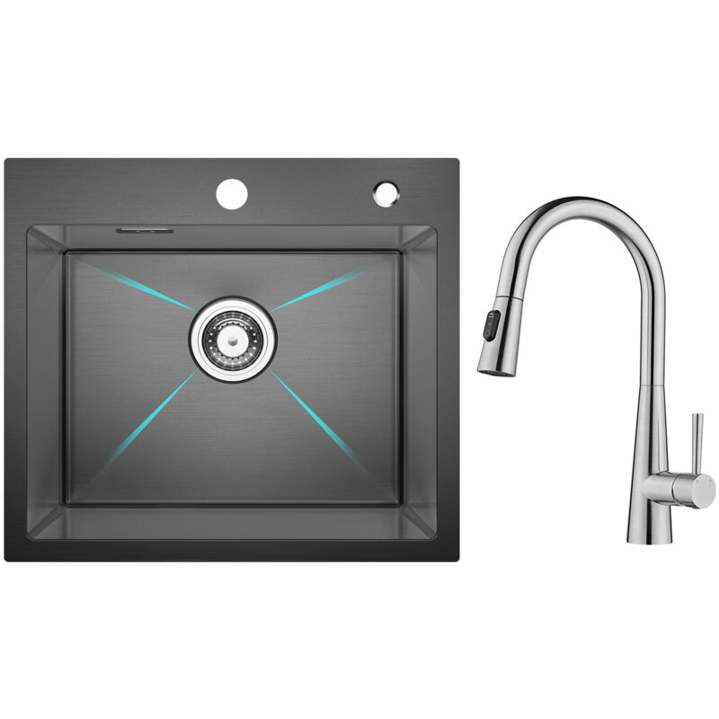 foto del prodotto cecipa max lavello acciaio inox nero lavello 1 vasca 50 45 cm lavello cucina miscelatore cucina con doccetta estraibile, 3 modalit uscita acqua,