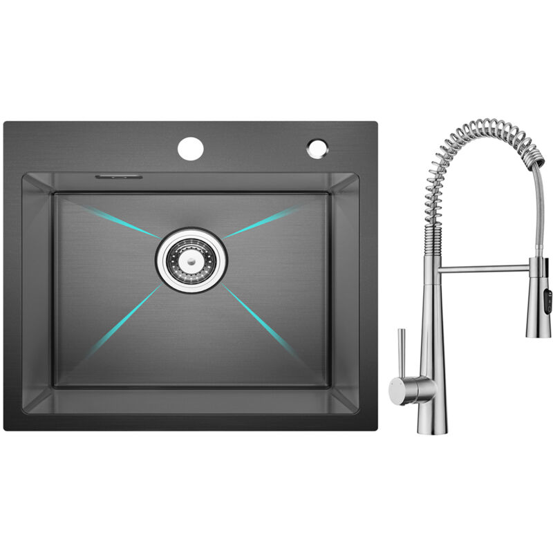foto del prodotto cecipa max lavello acciaio inox nero lavello 1 vasca 50 45 cm lavello cucina miscelatore da cucina a molla con 3 tipi di spruzzo, spazzolato