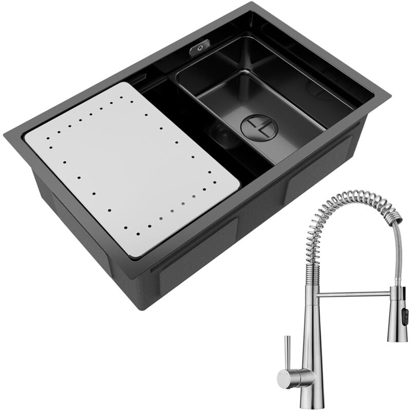 foto del prodotto cecipa max lavello cucina 1 vasca 70 44 cm con gocciolatoio e vaschetta lavello da incasso acciaio inox nero miscelatore da cucina a molla con 3