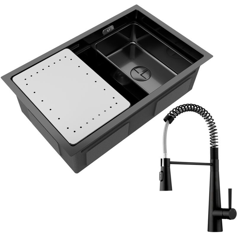 foto del prodotto cecipa max lavello cucina 1 vasca 70 44 cm con gocciolatoio e vaschetta lavello da incasso acciaio inox nero miscelatore da cucina a molla con 3