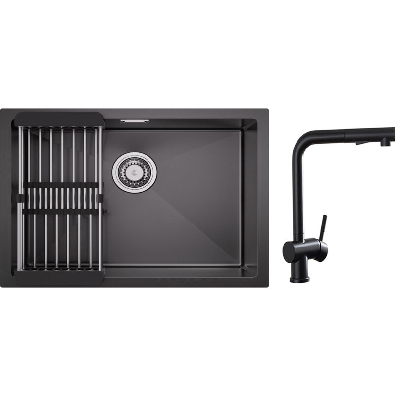 immagine 0 del prodotto cecipa max lavello cucina inox 1 vasca 60 44cm con cestello scarico rubinetti cucina con doccetta estraibile, miscelatore lavello nero