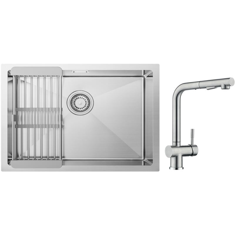 foto del prodotto cecipa max lavello cucina spazzolato 1 vasca con cestello scarico 60 44cm rubinetti cucina con doccetta estraibile, miscelatore lavello spazzolato
