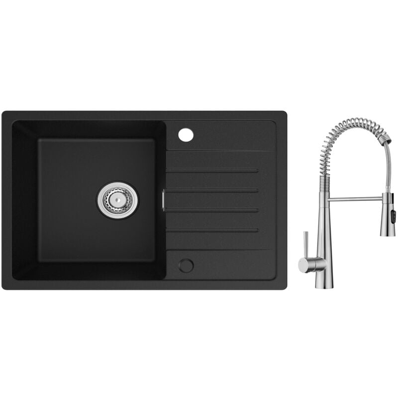 foto del prodotto cecipa max lavello da cucina 1 vasca con gocciolatoio, lavello da cucina in quarzo e resina 78x45 cm, lavello nero di grande capacit miscelatore